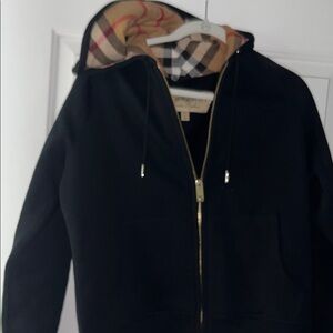 Womens black burberry hoodie with check in hood